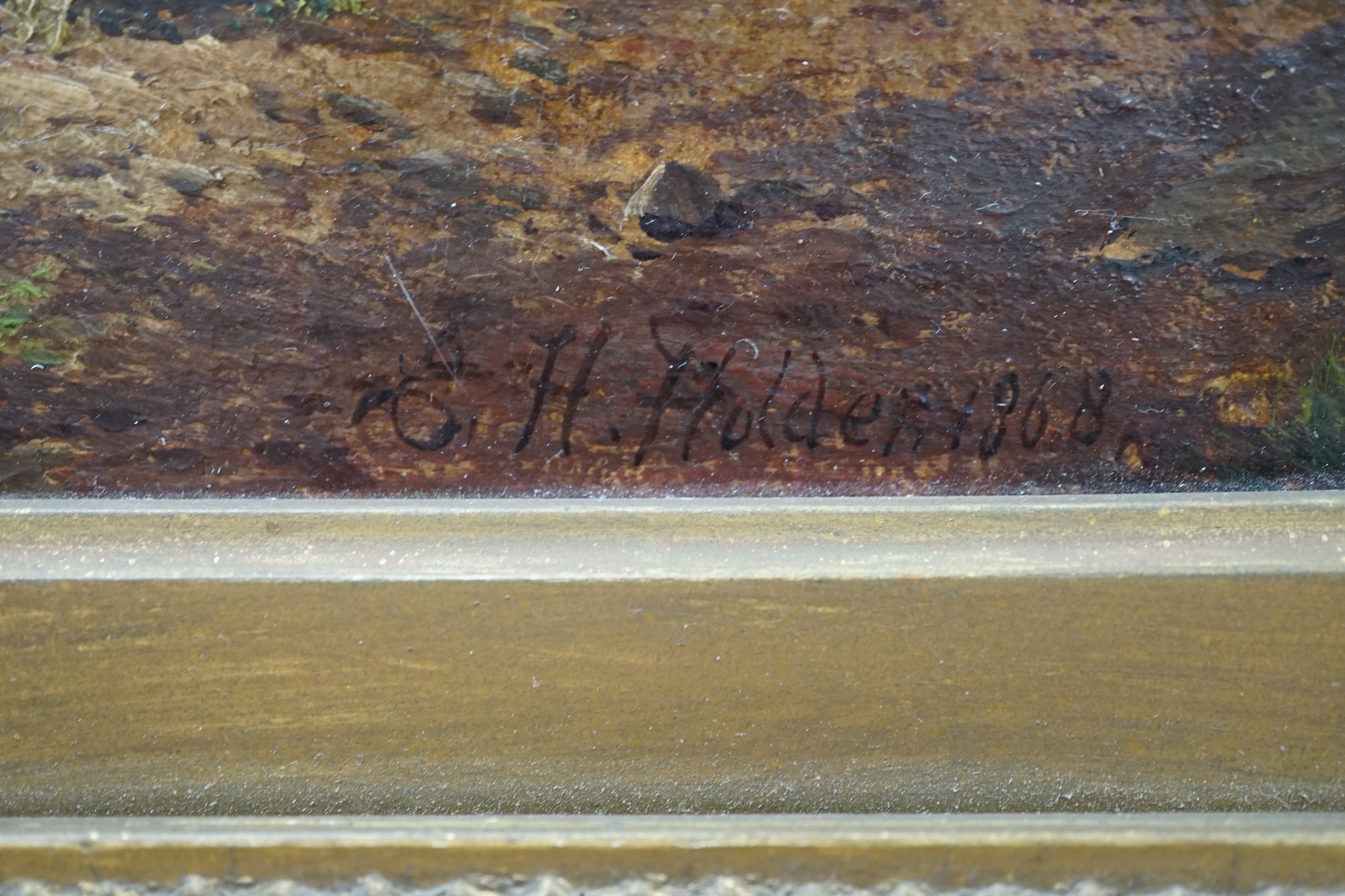 Edward Henry Holder (1847-1922), oil on board, Scottish crofter’s homestead, signed and dated 1868, 24 x 34cm, ornate gilt frame. Condition - fair